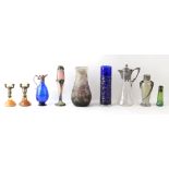 A group of nine Art Nouveau and studio glass items including a WMF pewter mounted claret jug and