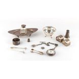 A quantity of small silver items including a late Victorian silver oval inkstand and a silver pocket