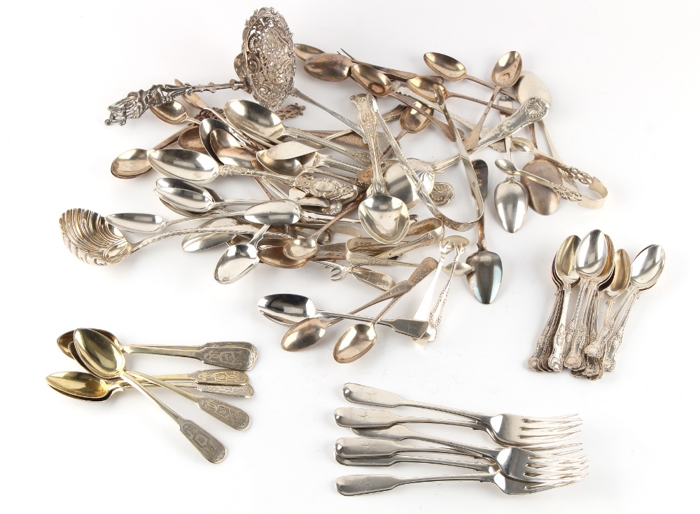 Property of a gentleman - a bag containing assorted silver flatware, Georgian & later, including a
