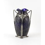 An early 20th century Art Nouveau blue glass vase with Van Hauten pewter mount, pattern number 1506,