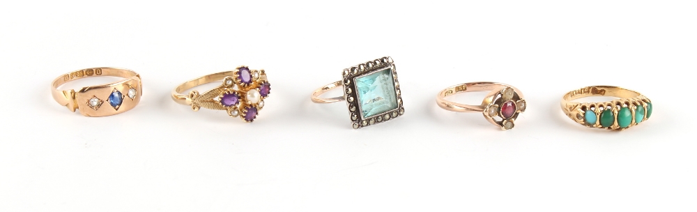 Property of a deceased estate - a group of five gold rings, Victorian & later, including an 18ct