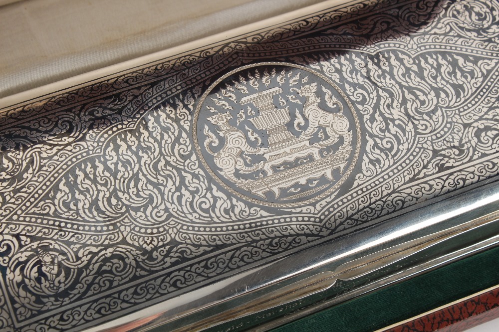 Property of a lady - a Thai sterling silver & niello decorated cigarette box, with engraved - Image 2 of 3