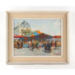Ernest Knight (1915-1995) - CONCARNEAU MARKET - oil on canvas, 14 by 18ins. (35.6 by 45.7cms.),