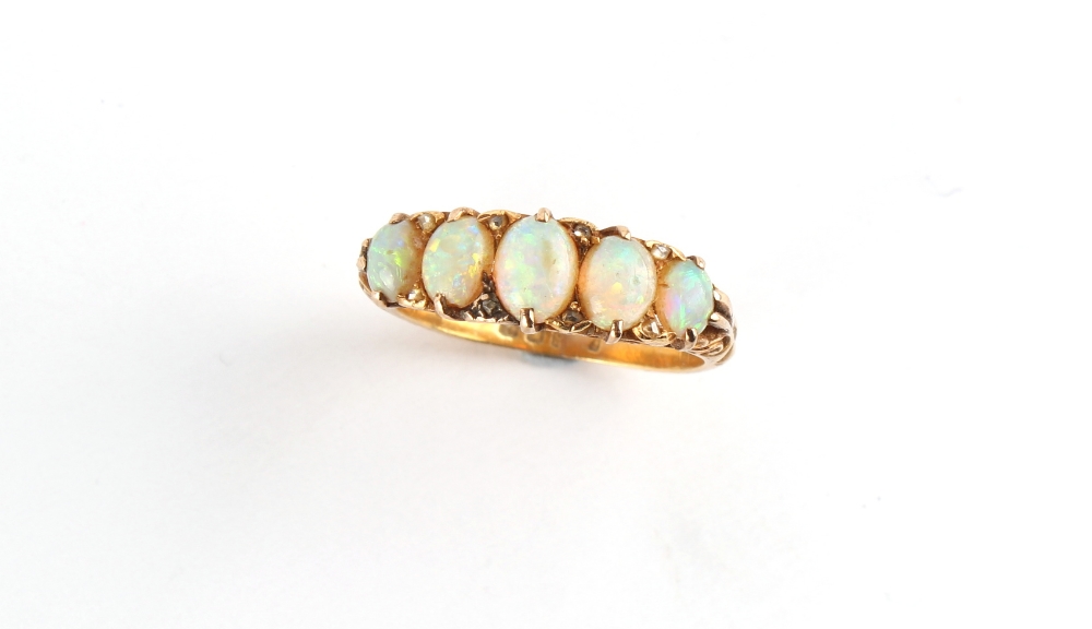 Property of a gentleman - a late 19th / early 20th century 18ct yellow gold opal five stone ring, - Image 2 of 2