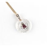 A 19th century rock crystal ruby & diamond insect pendant, the faceted round rock crystal