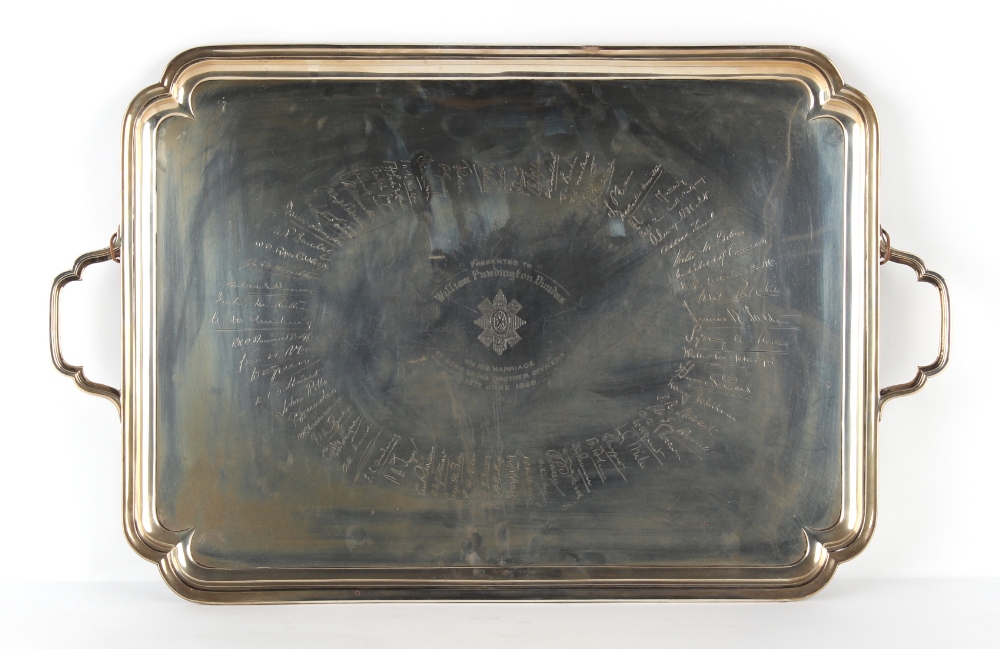 Property of a lady - a large silver two handled tray, with engraved presentation inscription to
