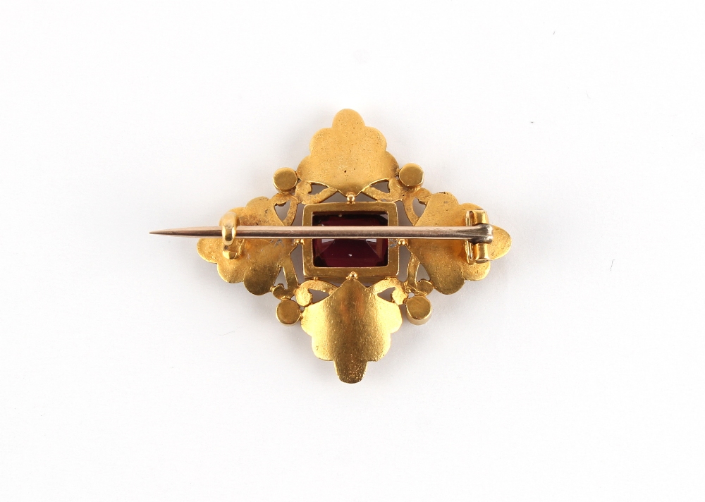 An unmarked yellow gold (tests high carat) garnet seed pearl & enamel brooch, late 19th / early 20th - Image 2 of 2