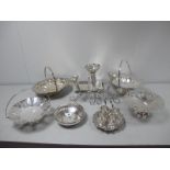 Assorted Plated Ware, including decorative swing handed and footed dishes, a three flute epergne,