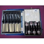 A Cased Set of Six Hallmarked Silver Teaspoons, together with a set of 'chrome plate' fish knives