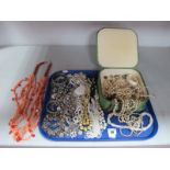 A Coral Coloured Graduated Five Strand Twig Style Necklace, together with assorted imitation pearl