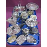 Plated Tea Wares, swing handled dish, pedestal dish, swing handled lidded ceramic dish and cover,