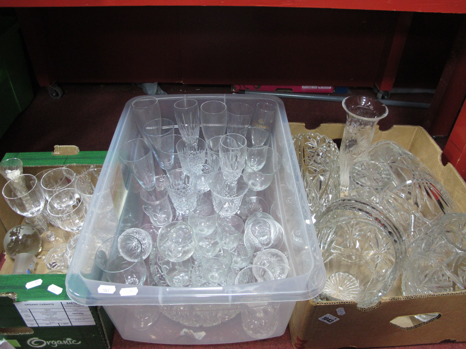 Glassware:- vases, basket, drinking glasses, etc:- Three Boxes