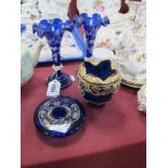 Roy Henry Vickers Eagle Blue Glass Candlestick Holder, silvered decoration 10.5cm diameter, pair of