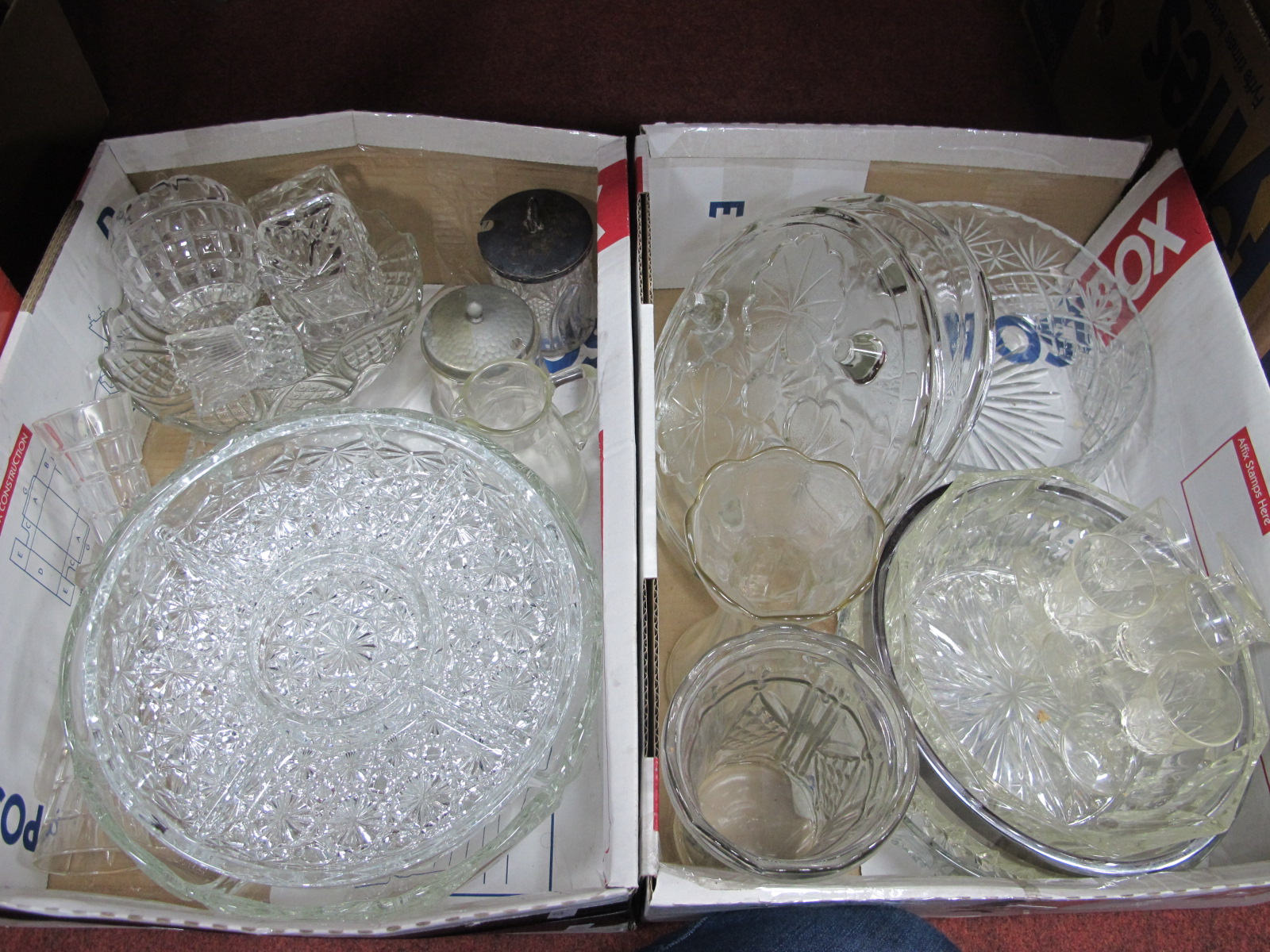 Glassware, including bowls, cake plates, Hors d'ouver:- Two Boxes.