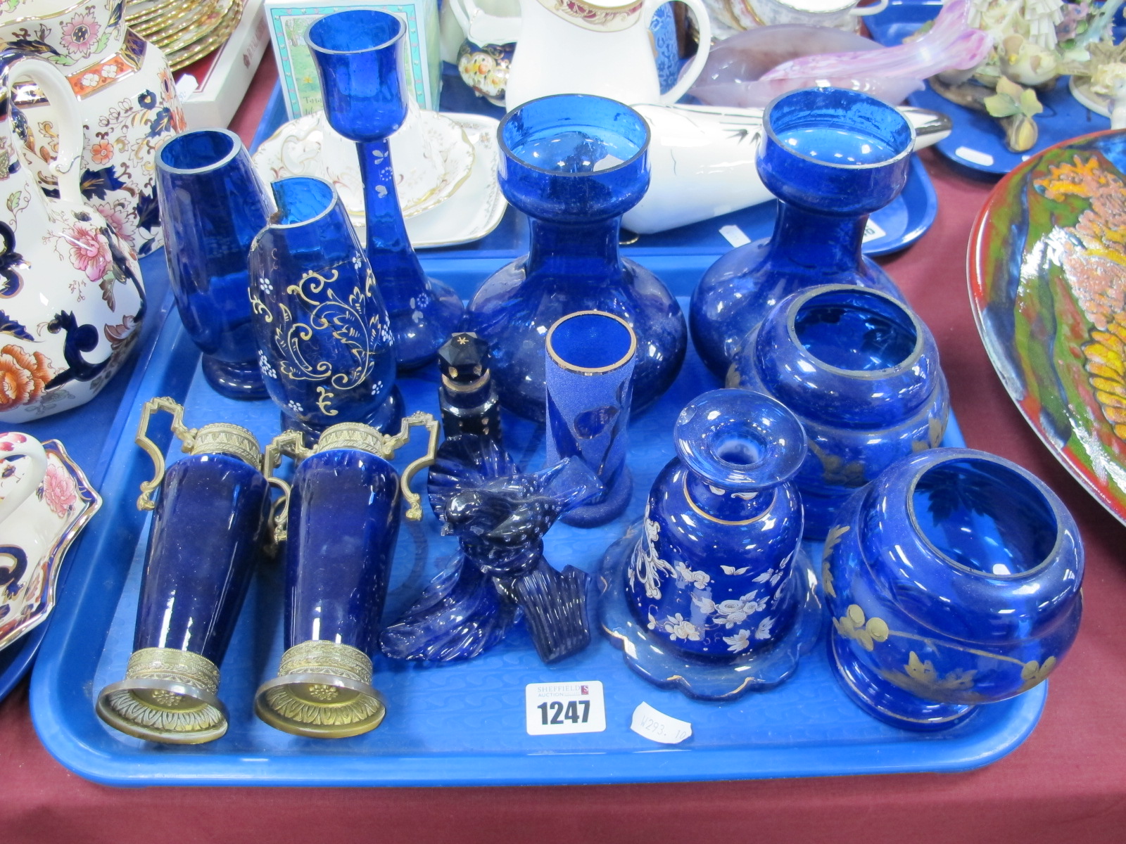 Octagonal Blue Glass Scent Bottle, circa 1900, similar vases, etc:- One Tray.