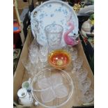 An Early XX Century Porcelain Tea Tray, of circular form, glass decanter, Swarovski cat, other