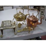 A XIX Century Copper Kettle, brass spirit kettle on Townshend stand, two trivet stands.