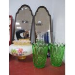 A Pair of 1930's Pressed Green Glass Vases, oval shaped glass vase with blue lines, together with