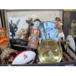 A Brass Bed Pan, chestnut roaster, Russian doll, Noel Coward book, Helter Skelter tin, etc, in