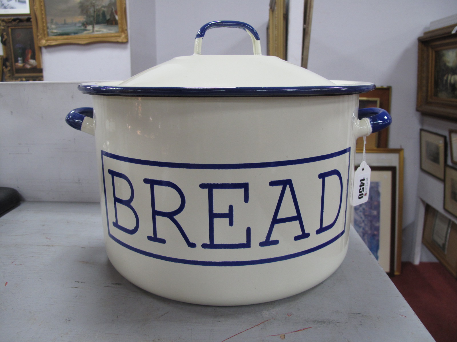 A Modern Enamel Bread Bin, with twin handles.