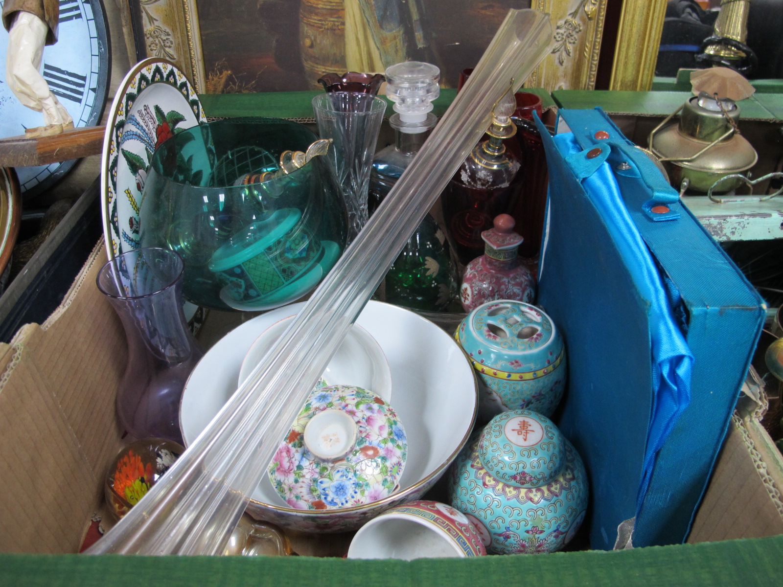 Coloured Glassware, tall spill vase, Oriental ceramics, etc:- One Box.