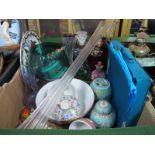 Coloured Glassware, tall spill vase, Oriental ceramics, etc:- One Box.
