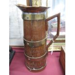Brass and Copper Coopered Oak Jug, circa 1900, conical form, with angular handle, 35.5cm, high.