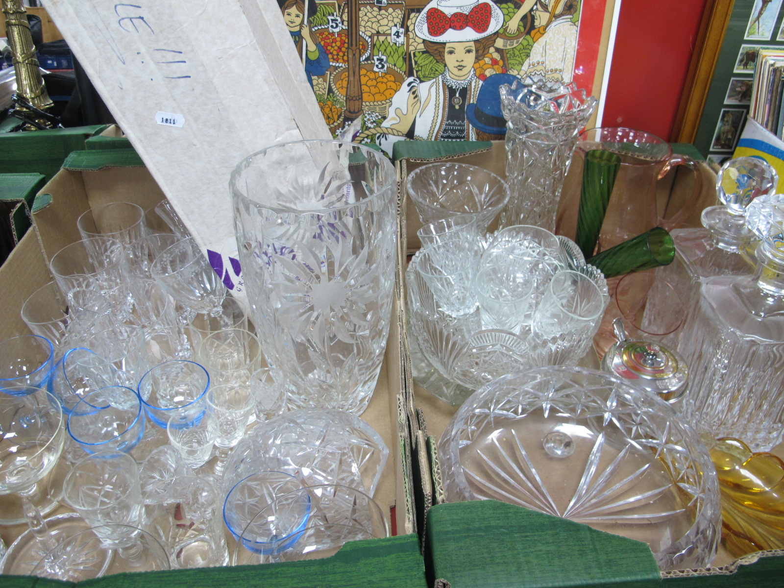 Glassware, to include decanters, bowls, vase's, Yard of Ale:- Two Boxes.