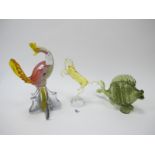 Coloured Glass Exotic Bird, 30cm high, green glass fish and horse. (3)
