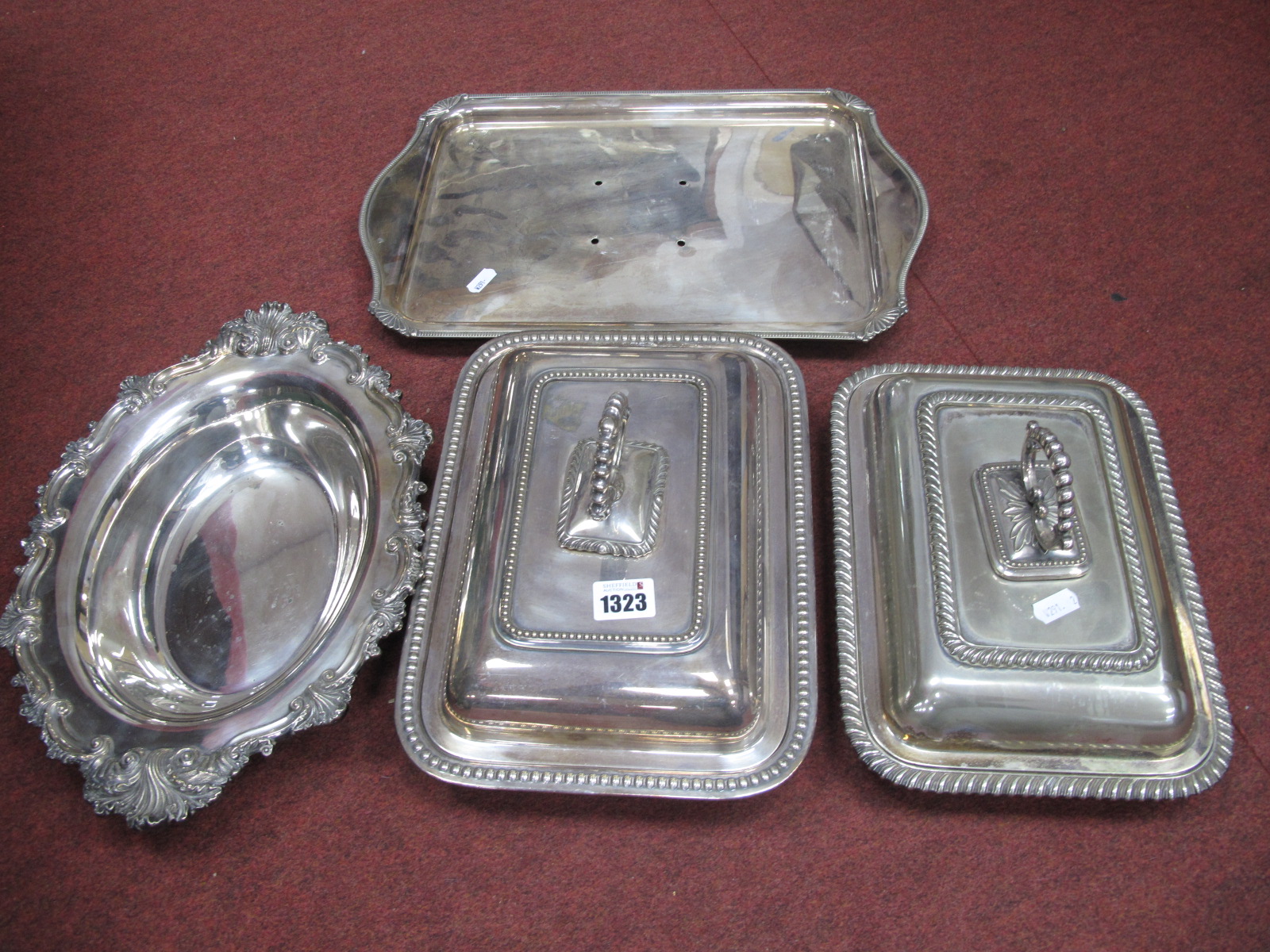 Rectangular Plated Tureens, (2) including Barrowclough of Leeds, tray and oval dish. (4)