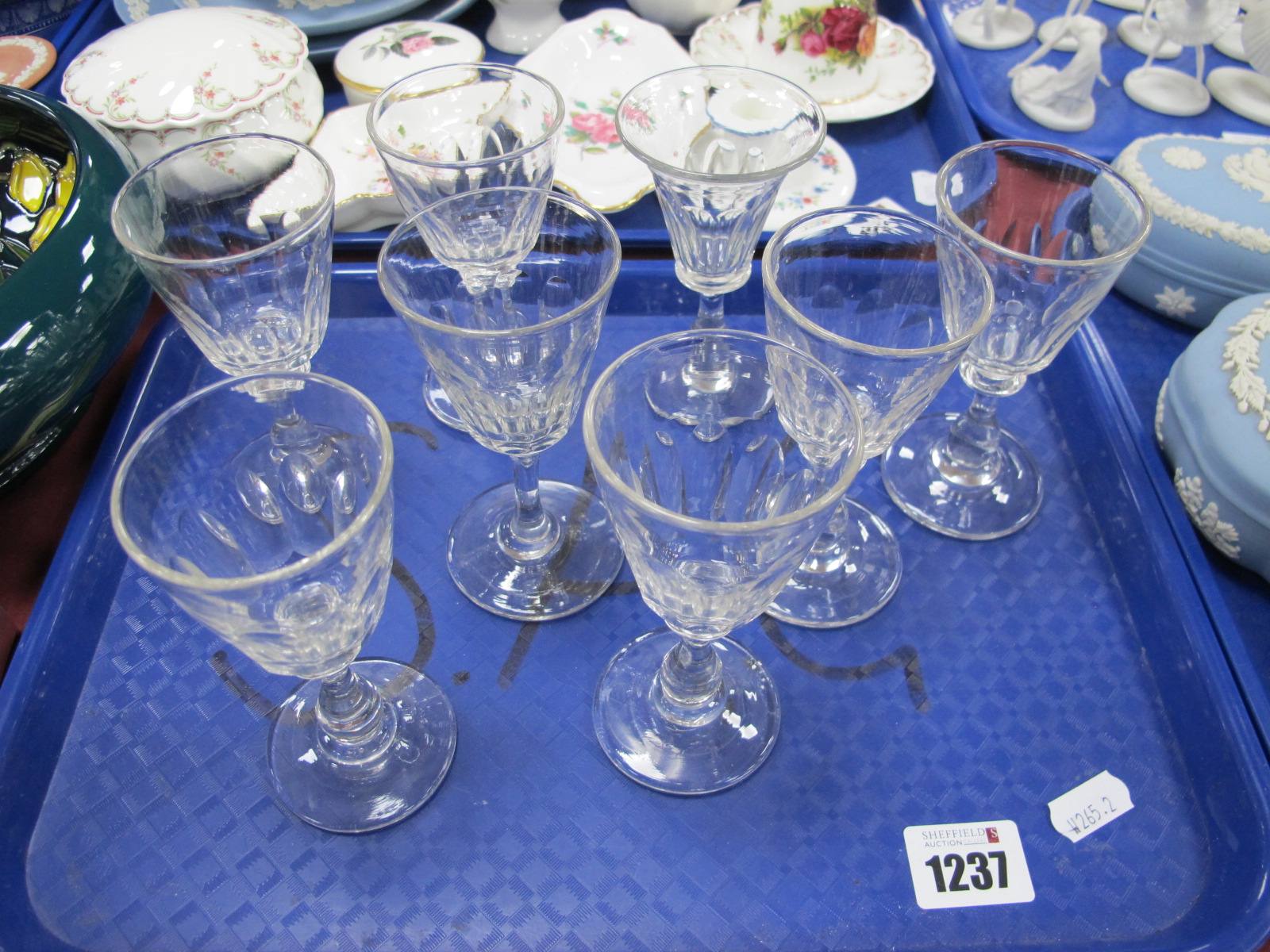 A Set of Six XIX Century Sherry Glasses c.1840, together with two other glasses. (8).