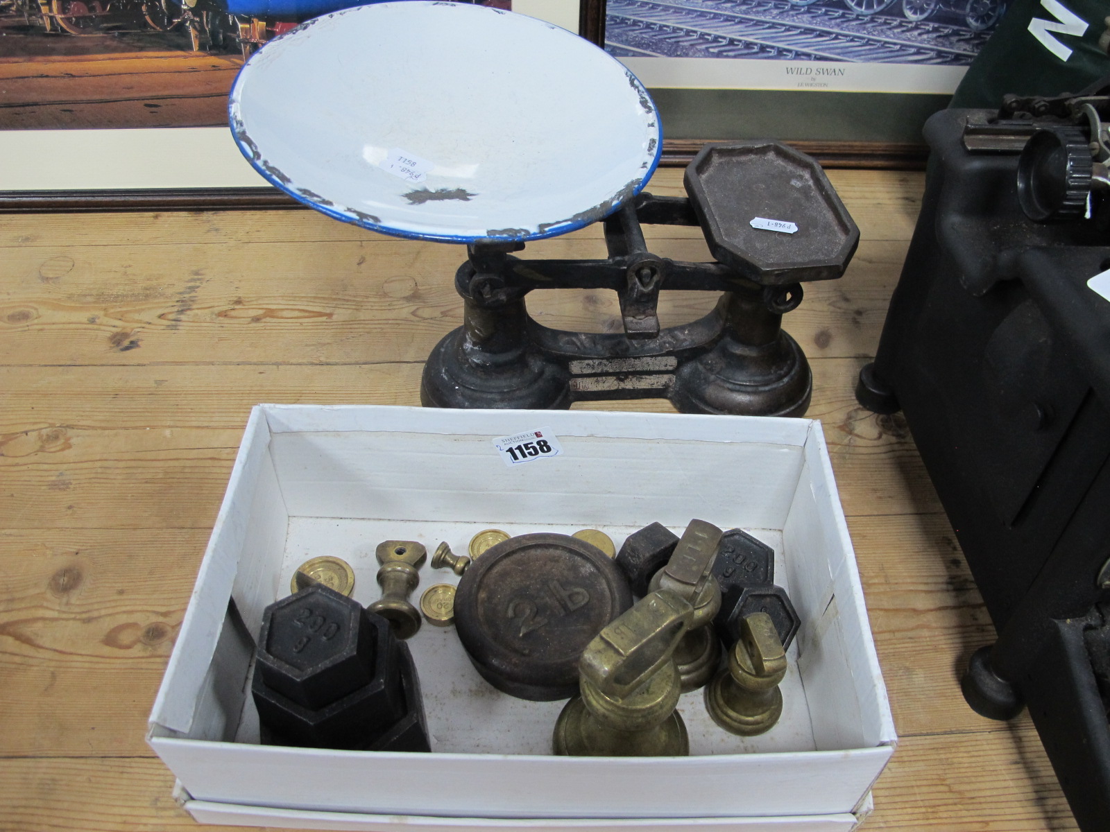 Vintage Kitchen Scales, together with brass bell weights, and other weights.