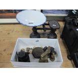 Vintage Kitchen Scales, together with brass bell weights, and other weights.