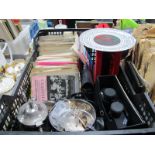 45rpm Records, binoculars, coffee pot, napkin rings, plate, hip flask, coins, etc:- One Box