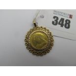 A Victoria Half Sovereign, (date obscured) loose(?) set within pendant mount stamped "375" (