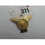 A United States 1/10 oz 5 Dollars, 2003, (loose(?) set within 9ct gold eagle pendant mount (