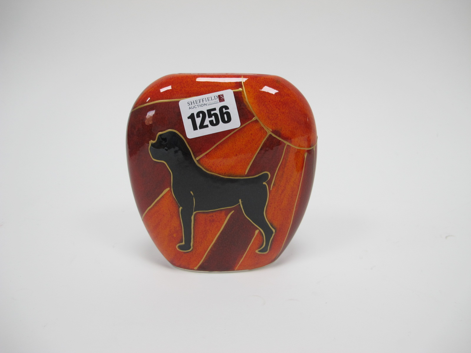 Anita Harris 'Deco Boxer Dog' Sunburst Purse Vase, gold signed, 12cm high.