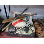 Mirror, trivets, cricket bat, signed Rugby ball, Hocky stick, etc:- One Box.