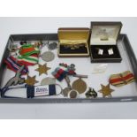 Defence, Africa Star, Italy Star, other medals, cuff links, German patch, etc.