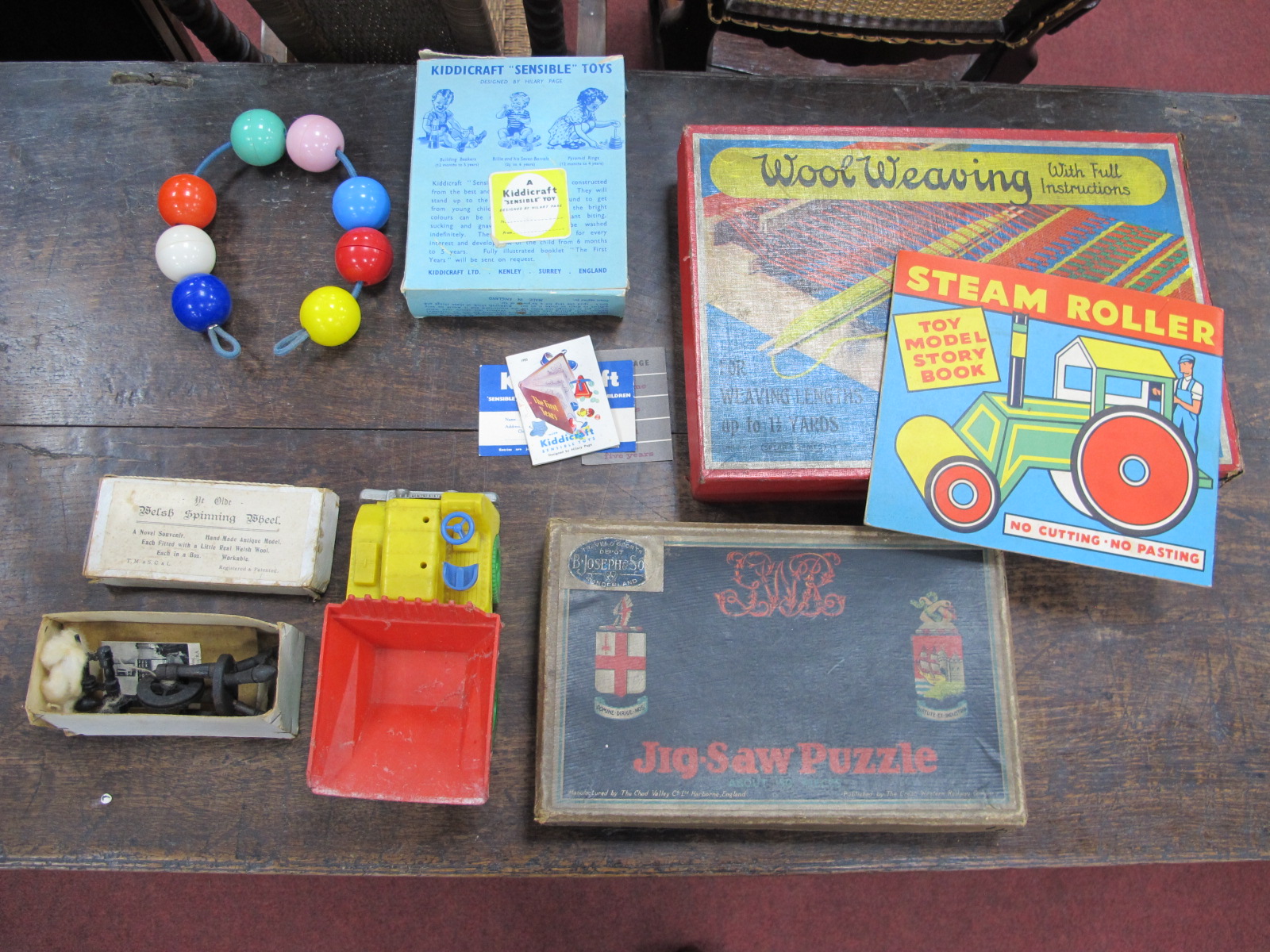 Juvenalia - boxed wool weaving set, jigsaw boxed, Ye Olde Welsh spinning wheel, etc.