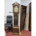 An Oak Longcase Clock, with swan neck pediment above glazed door to moon faced dial, on bracket