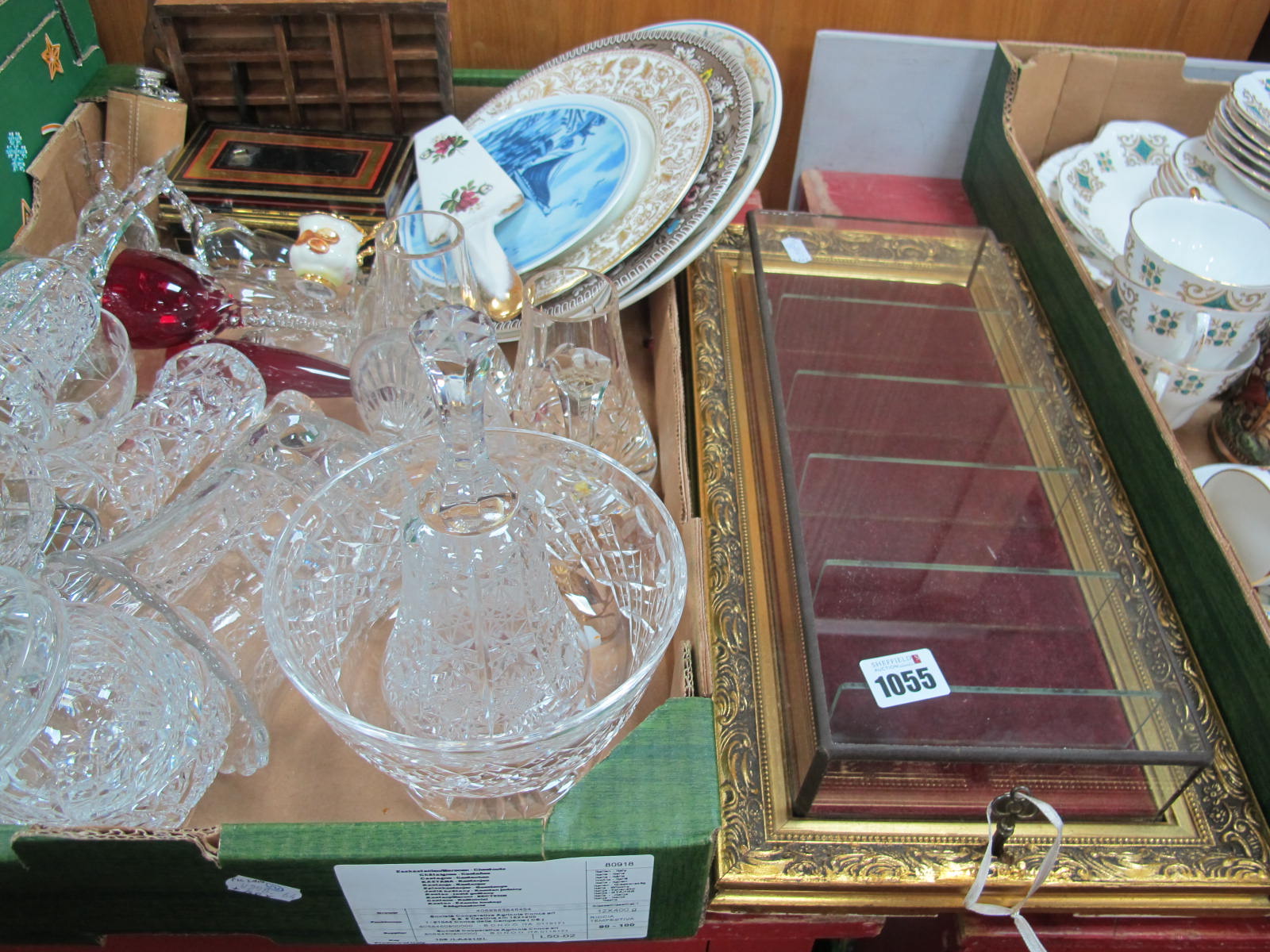 Brierley, Stuart and Other Glassware, cash tin, plates, etc:- One Box. Wall display.