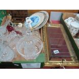 Brierley, Stuart and Other Glassware, cash tin, plates, etc:- One Box. Wall display.