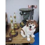 A Pair of Beer Pump Paperweights, 39cm high, model St Bernard Dog, Charlie Chaplin table. (4)