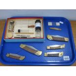 Southern & Richardson Dignity Hosiery Pen Knife. Five lock knives, The Britex microscope kit.