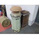 A Square Top Chimney Pot; together with a painted octagonal shaped chimney pot and a terracotta