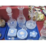 Waterford Glass Decanter, one other, plus claret jug, three Wedgwood Jasper trinkets.