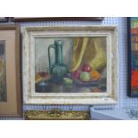 Maud Jefferies (Sussex Artist), Still Life Study of Jug, Wine and Fruit, oil on board, signed