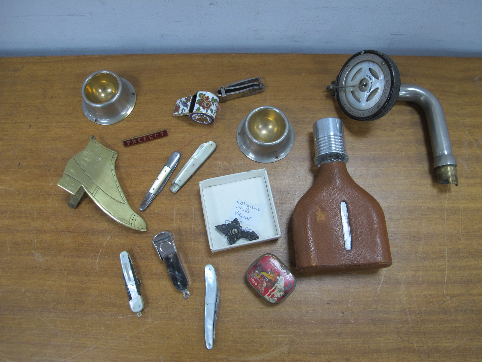 Small Collectables, including mother of pearl penknives, cigar cutters, Stanhope, flask, mother of