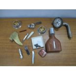 Small Collectables, including mother of pearl penknives, cigar cutters, Stanhope, flask, mother of